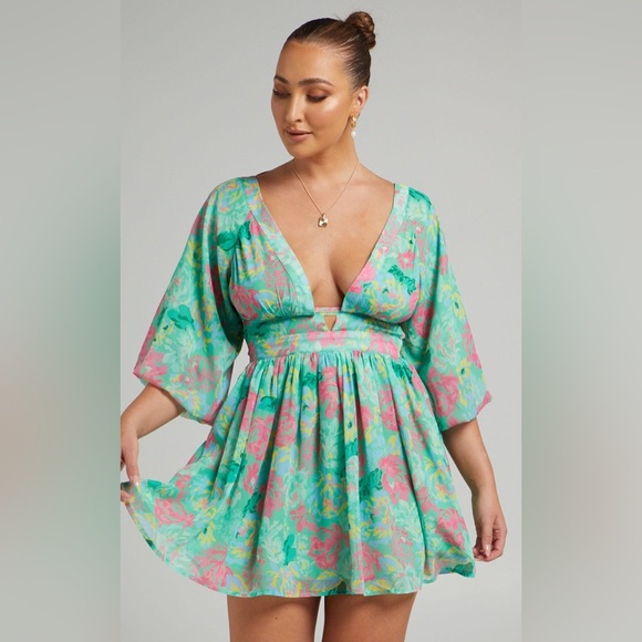 Showpo Valeraine Balloon Sleeve Open Back Mini Dress in Neon Floral Size US 8 - Picture 1 of 10